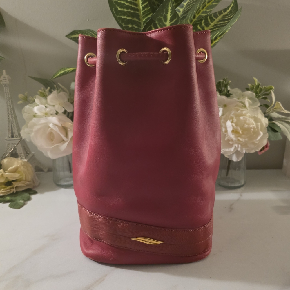 Elegant Red Leather Bucket Backpack S.T. Dupont Lambskin Leather Backpack